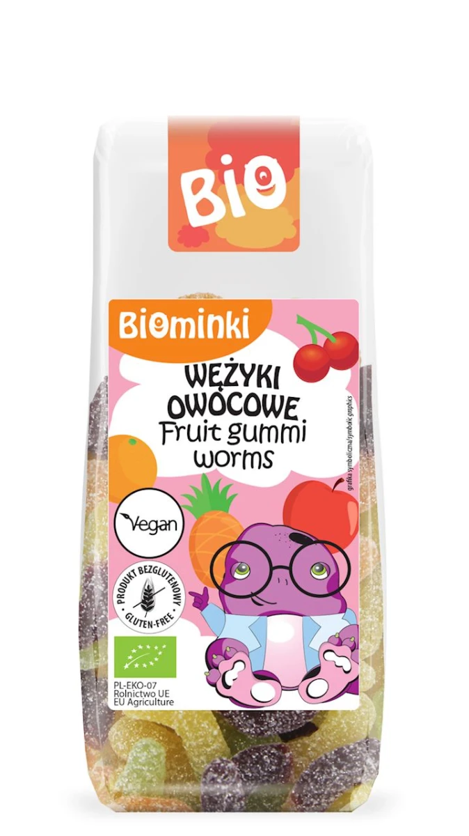 Wężyki owocowe bez żelatyny bezglutenowe BIO 100g Biominki