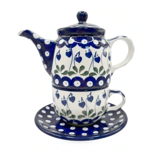 Zestaw do herbaty dzbanek z filiżanką i spodkiem niebieskie serca - Ceramika Bolesławiec Zakłady Ceramiczne