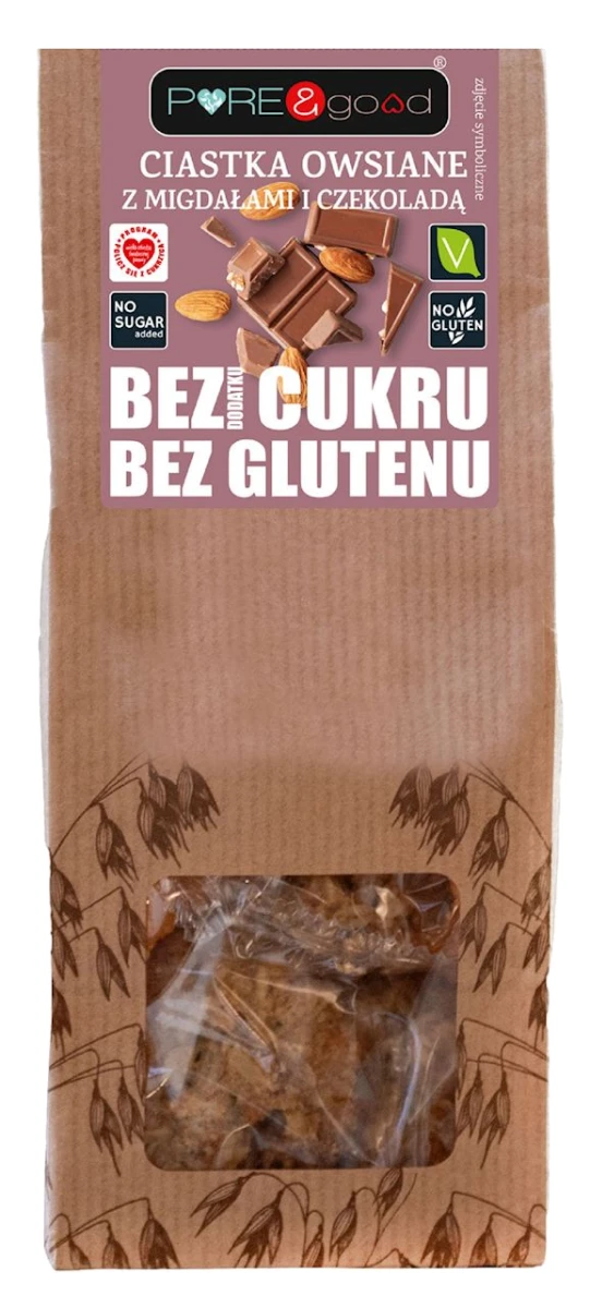 PURE&GOOD Ciastka owsiane z migdałami i czekoladą bez dodatku cukrów bezglutenowe 150 g