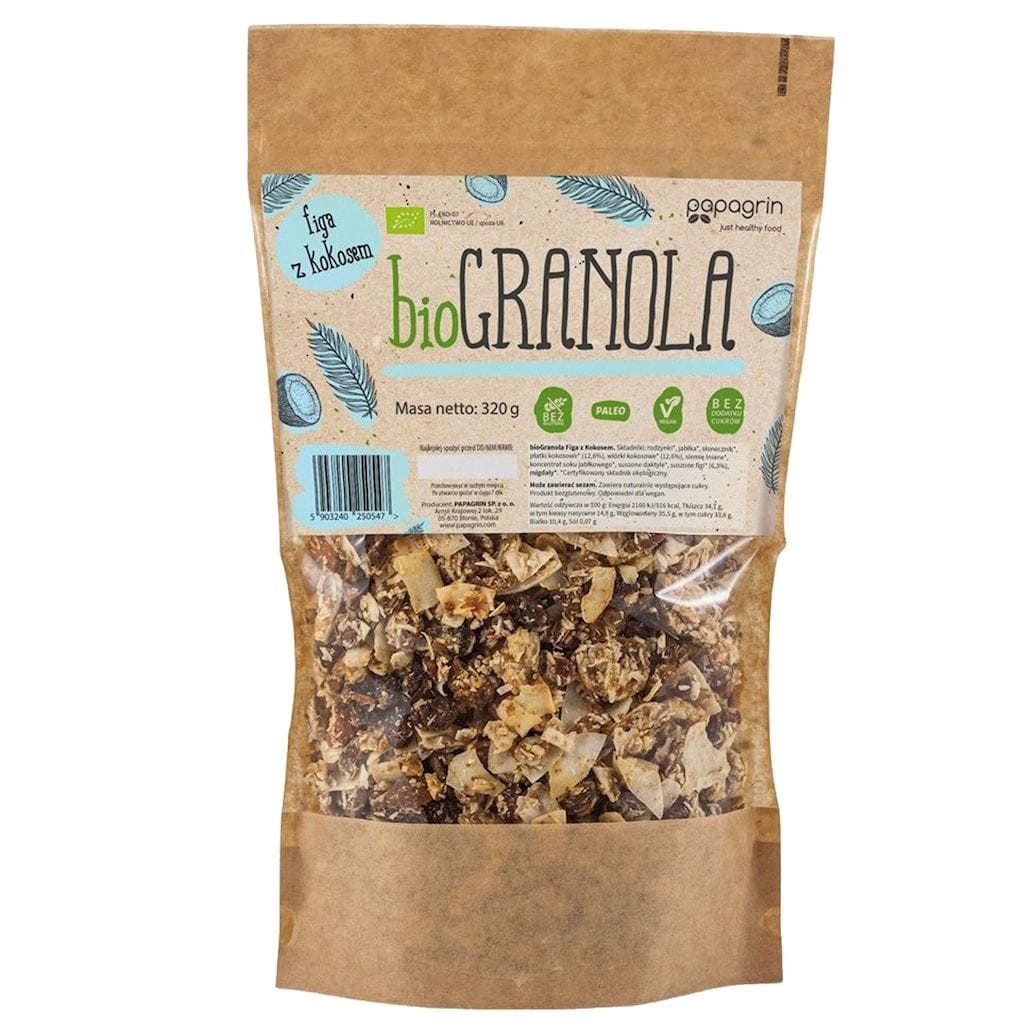 PAPAGRIN Granola figa z kokosem bez cukru bezglutenowa Bio 320g